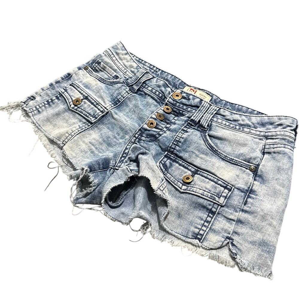 Y2K Ashley Blue Acid Wash Low Rise Cutoff Denim Shorts Button Fly Size 5
